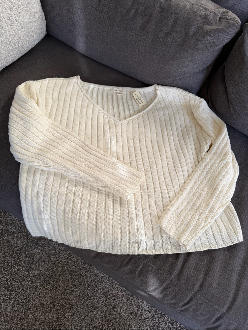 Aeropostale Cream Ribbed V-Neck Sweater